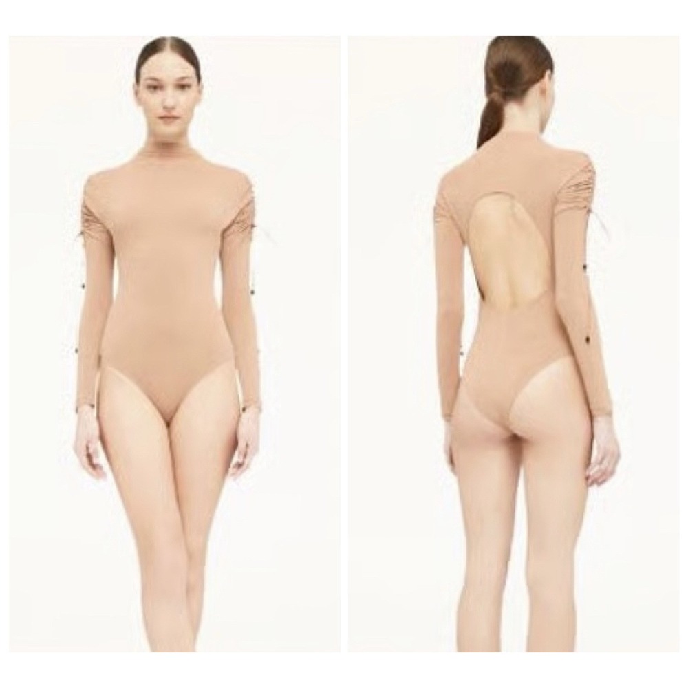 Wolford Crepe Jersey Flowing Bodysuit Long Sleeves New in Box Almond Size M
